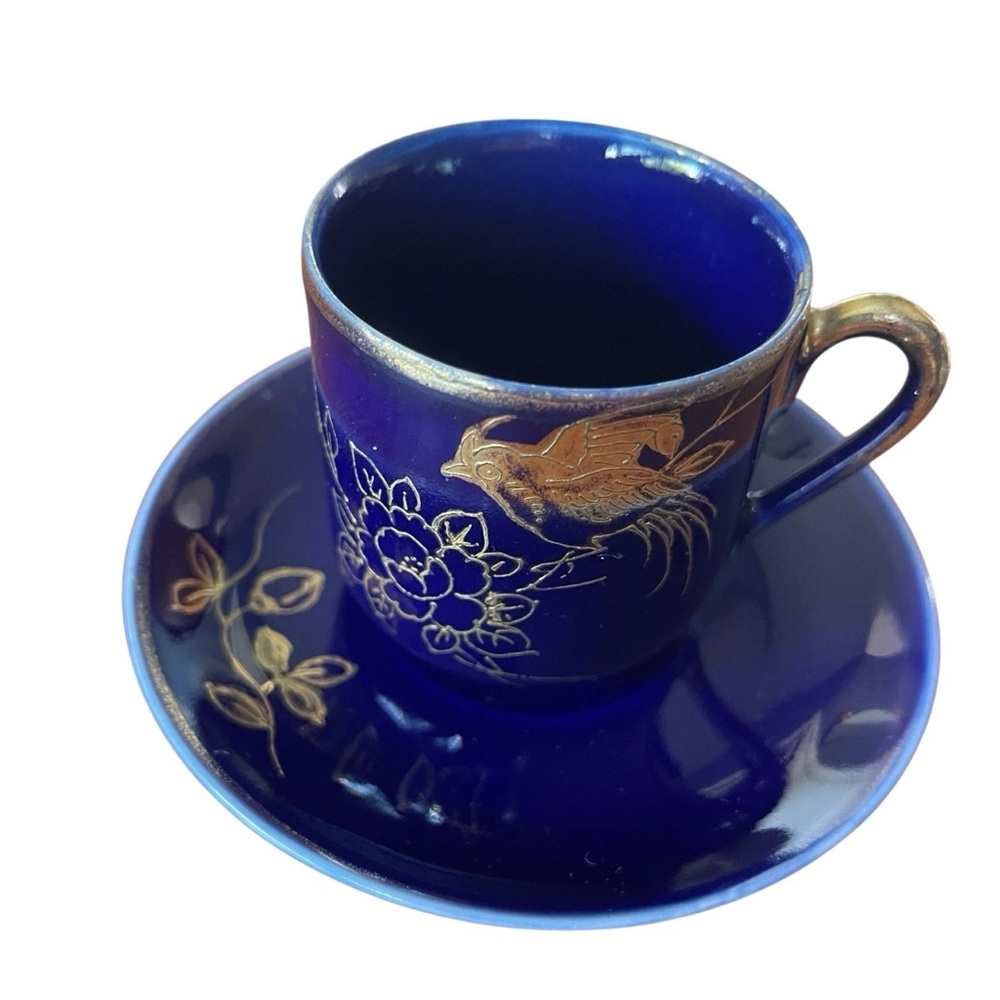 Chikaramachi Noritake Cobalt Blue Gold Bird Coffee Pot Cup Saucer Japan Vtg 40s - Picture 3 of 10